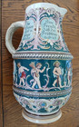 Large 11  German Westerwald Pitcher Heavily Decorated Stoneware Motto Beer Jug