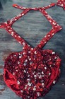 Women Red Sequined 2-piece Dance Costume  Top   Cutout Bodysuit Wristband
