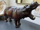 Vintage Brown Leather Wrapped Hippo Sculpture Statue Figure Open Mouth
