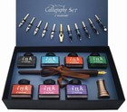 Calligraphy Pen Set - Wooden Dip Pen  Antique Brass Holder  11 Nibs   7 Ink Colo