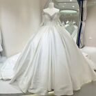 Satin Wedding Dresses Beaded Long Sleeves Lace Applique Sweep Train Bridal Gowns