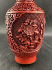 Vintage Chinese Red Cinnabar Fine Hand Carved Lacquer Brass Vase Floral 8   