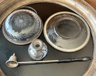 Sterling Silver Lot  4 Piece- 2 Etched Glass Bowls  Candle Snuffer  Vase