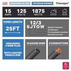 12 Gauge 25 Ft Sjtow Heavy Duty Black 3 Prong Outdoor Electric Extension Cord