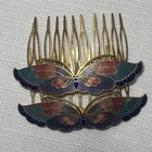 Pair 2 Vintage Cloisonne Enamel Butterfly Hair Combs Brass Blue Pink Brass 