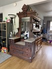 Eastlake Antique Brown Wood   Marble Top Dresser W  Mirror  Carvings  6 Drawers