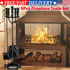 5 Pcs Fireplace Tools Set Wrought Iron Fire Place Accessories Tools Holder Black
