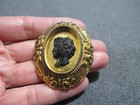 Vintage Black Plastic Woman Cameo Black Accents Golden Decord Rim Pin Brooch  