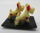 Antique 1930 Miniature Celluloid Figures On Base Scotty Dogs Red Spots Japan Toy
