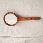 Vintage Wooden Flower Hand Held Mirror Hand Carved Hand Painted  Rounded Bottom 
