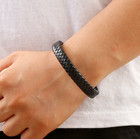 Men Women Classic 12mm Flat Braided Leather Bracelet   Wristband Bangle 8 