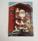 Vintage Mid Century Christmas Greeting Card Santa Claus Waves From Train Caboose