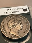 1833 5 Drachmai Drachmas Greece Greek World Silver Coin W  Plastic Case 