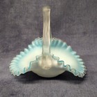 Gorgeous Antique Hand Blown Powder Blue   Clear Satin Glass Handled Basket W-l