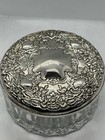 Vintage Silver Plate Metal Lid Crystal Glass Powder Jar Vanity Dresser Dish