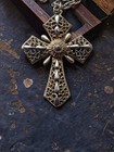 Vintage 1970 s Gothic Ornate Metal Cross Pendant Necklace Religious Jewelry
