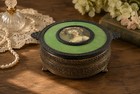 Vintage Vanity Powder Jar Trinket Box Green Glass Portrait Lid Ornate Metal 6 5   