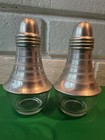Vintage Metal   Glass Salt   Pepper Shakers 2pc Set Silver Clear Round 4 In