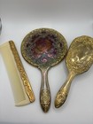 Vintage Cottagecore Vanity Set Mirror Brush Comb Gold Patina 3pc