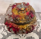 Vintage Antique Goofus Glass Vanity Powder Puff Jar Trinket Box Red gold Rose
