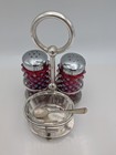 Antique Walker   Hall Silver Plate Cranberry Hobnail Condiment Set 3pc