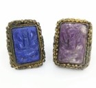 Vintage Chinese Export Carved Lapis   Amethyst Adjustable Ring Lot Of 2 Fzz