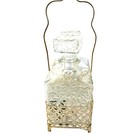 Vtg Mcm Glass Decanters Brass Ornate Handled Holder With Labels Set Of 2