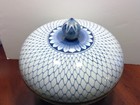 Maitland Smith   Blue   White Fishnet Porcelain Covered Bowl W  Brass Accents