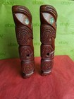 2 Vintage Polynesian Carved Wood Tiki Statues Abalone Eyes 9 5 h Pre-owned