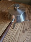Vtg Fondue Pot   Stand Stainless Steel Teak Handle Floral Details Quiet Luxury 