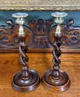 Antique English Open Barley Twist Candlesticks Candle Holders Oak Pair 11 5 