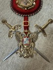 Vintage Medieval Coat Of Arms Swords Crest Brass Plaque Spanish  Red Velvet
