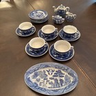 Vtg Blue Willow 20 Piece Child   s Tea Set W  Basket made In Japan  Tea For 2 