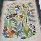 Completed Vintage Crewel   Butterfly   Flower Bird Raccoon 22 1 2 X 26 1 2 As Is