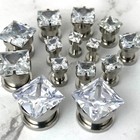 Pair Of Prong Set 316l Steel Square Cz Screw On Plugs Gauges