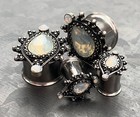 Pair Faceted Opalite Teardrop Vintage Antique Silver Top Steel Tunnels Plugs