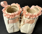 Antique Vintage - Baby Shoes - Suede Leather Gathered Ribbon Edging - Never Worn