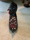 Vintage Japan Black Ceramic Cat Sewing Pin Cushion tape Measure thimble Holder