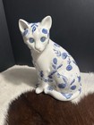 Vtg Elpa Alcobaca Ceramic Cat Glass Eyes Collectible 11  With Blue Floral