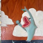Vintage Folk Art  Fish Hand Painted Wood Sign Nautical Coastal Fishhook