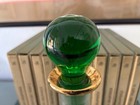 Vintage Glass Decanter With Gold Rim And Emerald Green Glass Stopper 12  Tall