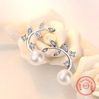 Sterling Silver Crystal Pearl Jewelry Fashion Leaf Stud Earrings  Woman