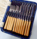 Vtg Boxed Epns Silver Plated Fish Cutlery  12 Pc Knives   Forks Bakelite Handles