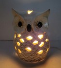Vintage Owl Night Light White Brown Glaze Table Lamp Pierced Ceramic