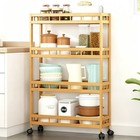4-tier Slim Rolling Storage Cart Lockable Wheels Bamboo Kitchen Bathroom Shelf