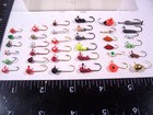 Lot Of  36  Assorted Types   Colors Ice Fishing Jig Lures In Plano Plastic Box