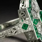 Art Deco Vintage Oval Cut Emerald   Lab Created Diamond Wedding 925 Silver Ring