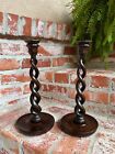 Pair Set Antique English Oak Open Barley Twist Candlesticks Candle Holder Brass