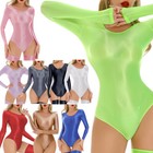 Womens Bodysuit Dance Rompers Party Jumpsuit Long Sleeves Bodystocking Shiny Oil