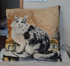 Vintage Velvet Wall Tapestry Cat Kitten Throw Pillow Mcm Red Back 16 x16   Rare